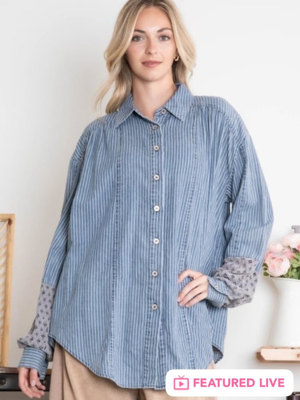 Blue Velvet - Denim Race Contrast Long Sleeve Button Up Shirt with Pockets - Blu